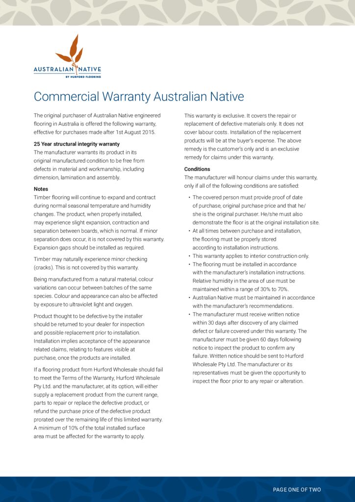Australian Native Commercial Warranty
