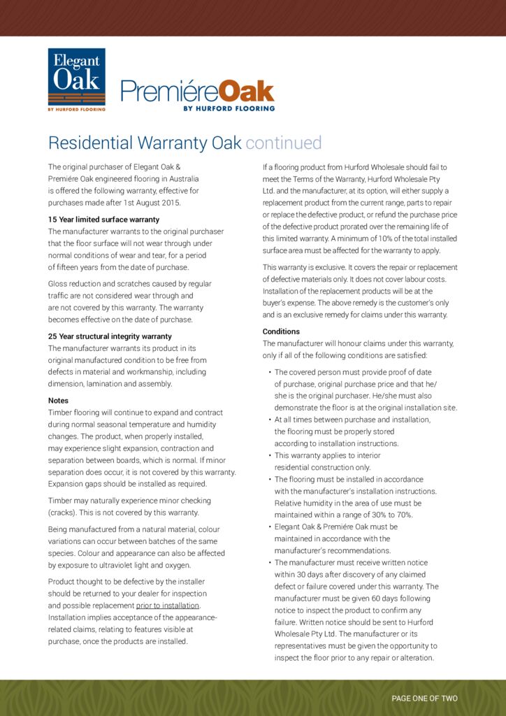 Hurfords Elegant Oak Warranty & Maintenance Guide